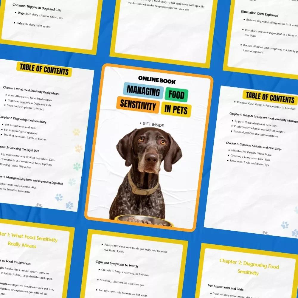 Managing Food Sensitivity in Pets – Practical eBook Guide Food Sensitivity in Pets Explained for Dogs & Cats, Diets, Symptoms, and AI Tools