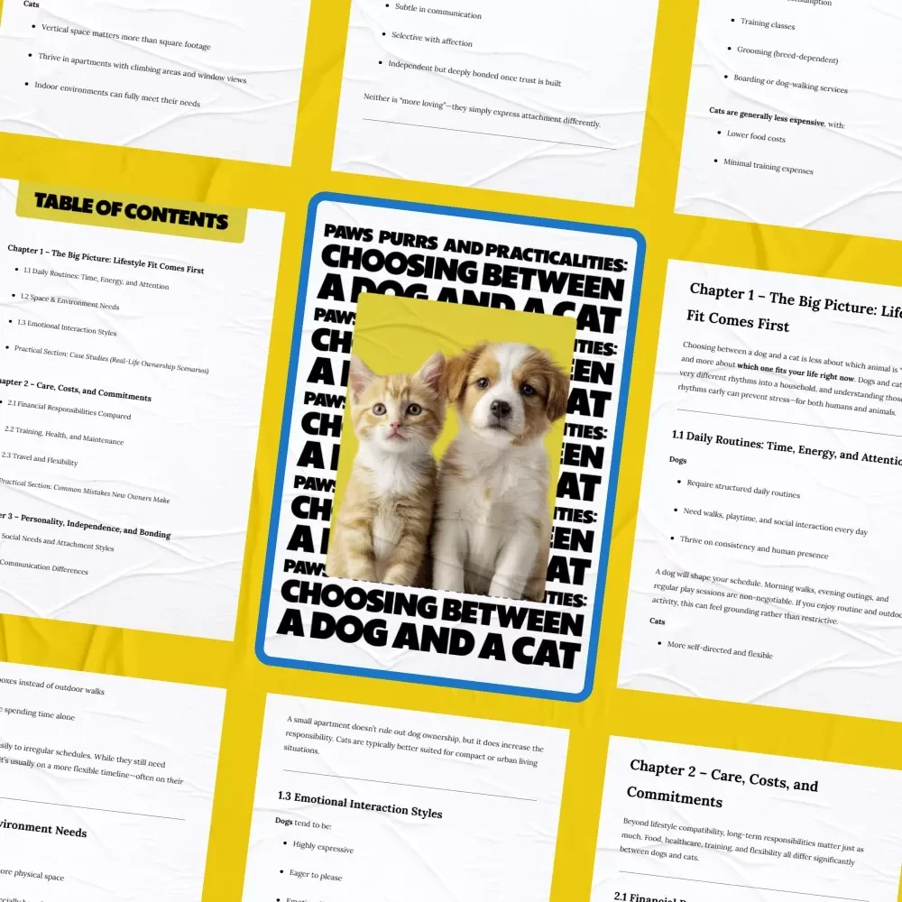 Paws, Purrs, and Practicalities: Choosing Between a Dog and a Cat | Digital Pet Guide on the Differences Between Dog and Cat Ownership | Smart Decision Checklist & Lifestyle Fit eBook