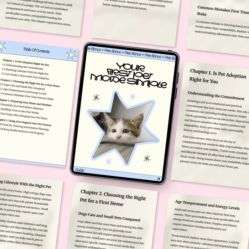 Your First Pet Made Simple | Beginner-Friendly Guide to Pet Adoption for First Time Owners, Choosing the Right Pet, Home Prep & Smart AI Support