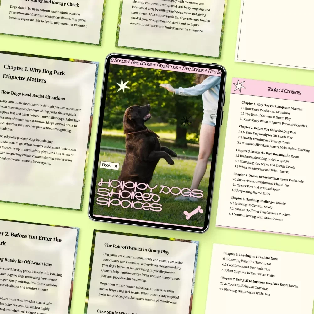 Happy Dogs Shared Spaces – Dog Park Etiquette Guide for Safe Off Leash Play, Reading Dog Body Language, Calm Owner Behavior & Modern AI Tools for Behavior Tracking | Instant Digital Download