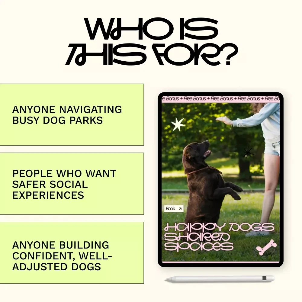 Happy Dogs Shared Spaces – Dog Park Etiquette Guide for Safe Off Leash Play, Reading Dog Body Language, Calm Owner Behavior & Modern AI Tools for Behavior Tracking | Instant Digital Download