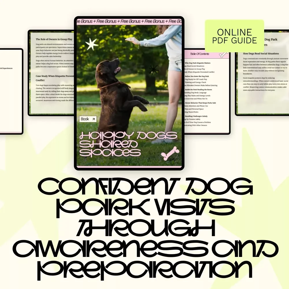 Happy Dogs Shared Spaces – Dog Park Etiquette Guide for Safe Off Leash Play, Reading Dog Body Language, Calm Owner Behavior & Modern AI Tools for Behavior Tracking | Instant Digital Download