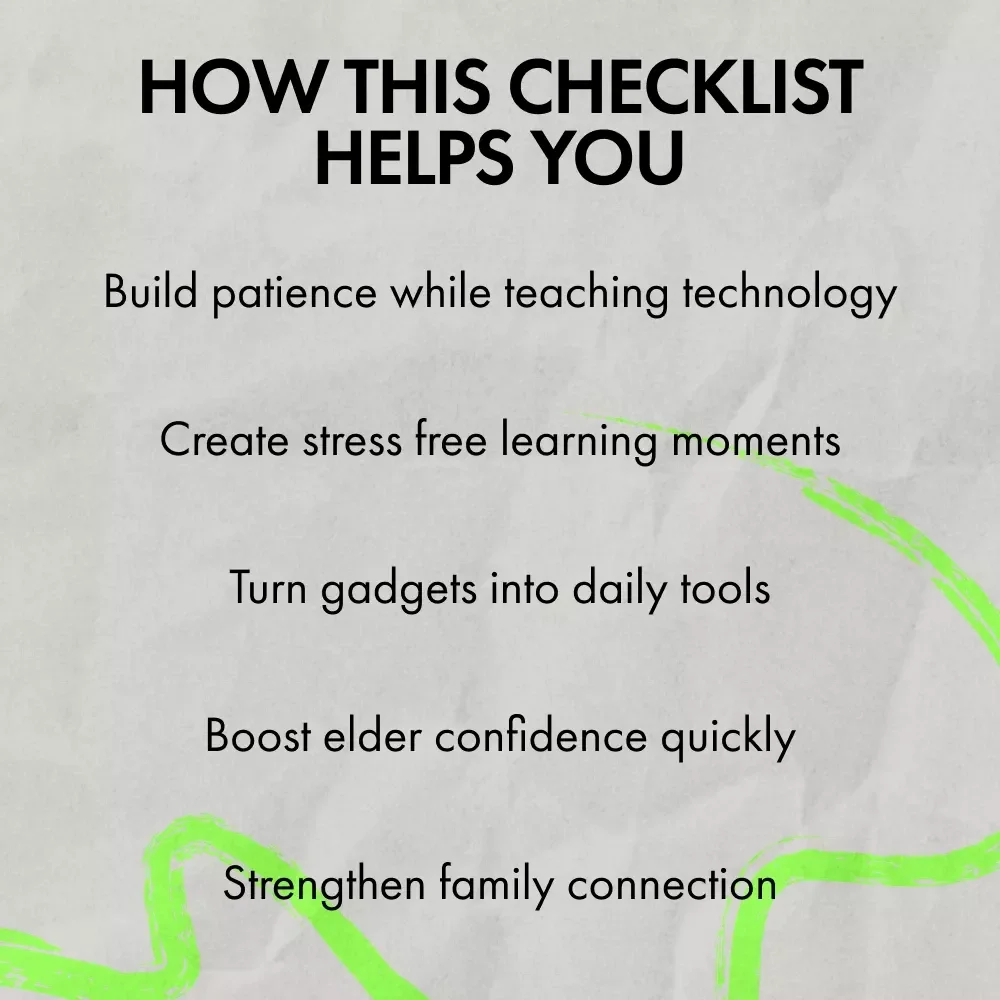 Fun & Easy Checklist to Help Elders Master Technology | Simple Digital Guide for Families & Caregivers | how to help elders to get used to gadgets