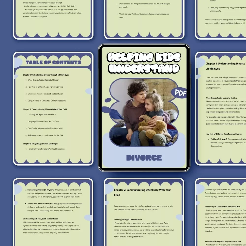 Helping Kids Understand Divorce – A Compassionate Parent Guide on how to talk to kids about divorce, Emotional Support, Communication Tools & AI Prompts