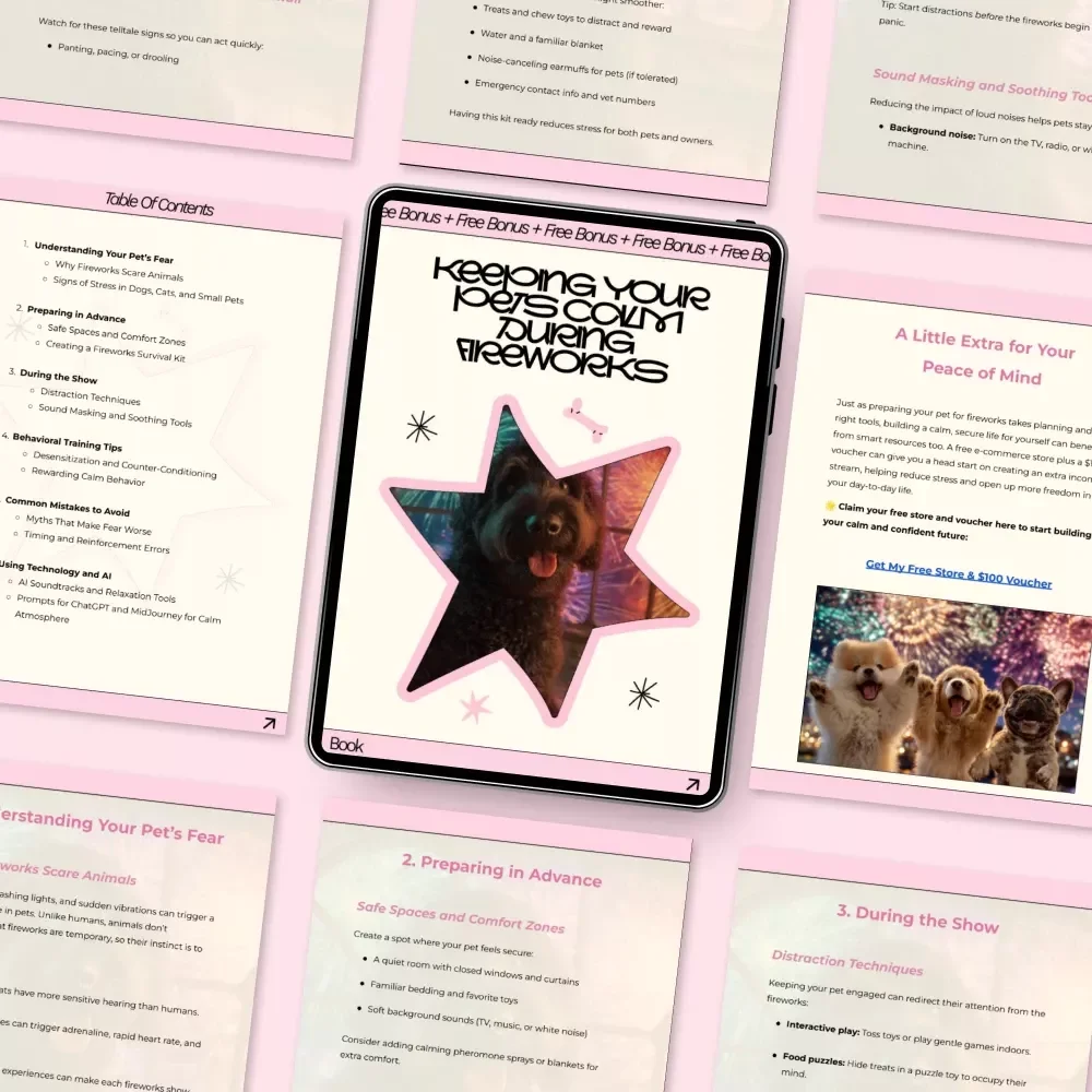 Keeping Your Pets Calm During Fireworks | Practical eBook Guide on How to Keep Pets Calm During Fireworks | Stress-Free Tips for Dogs, Cats & Small Pets