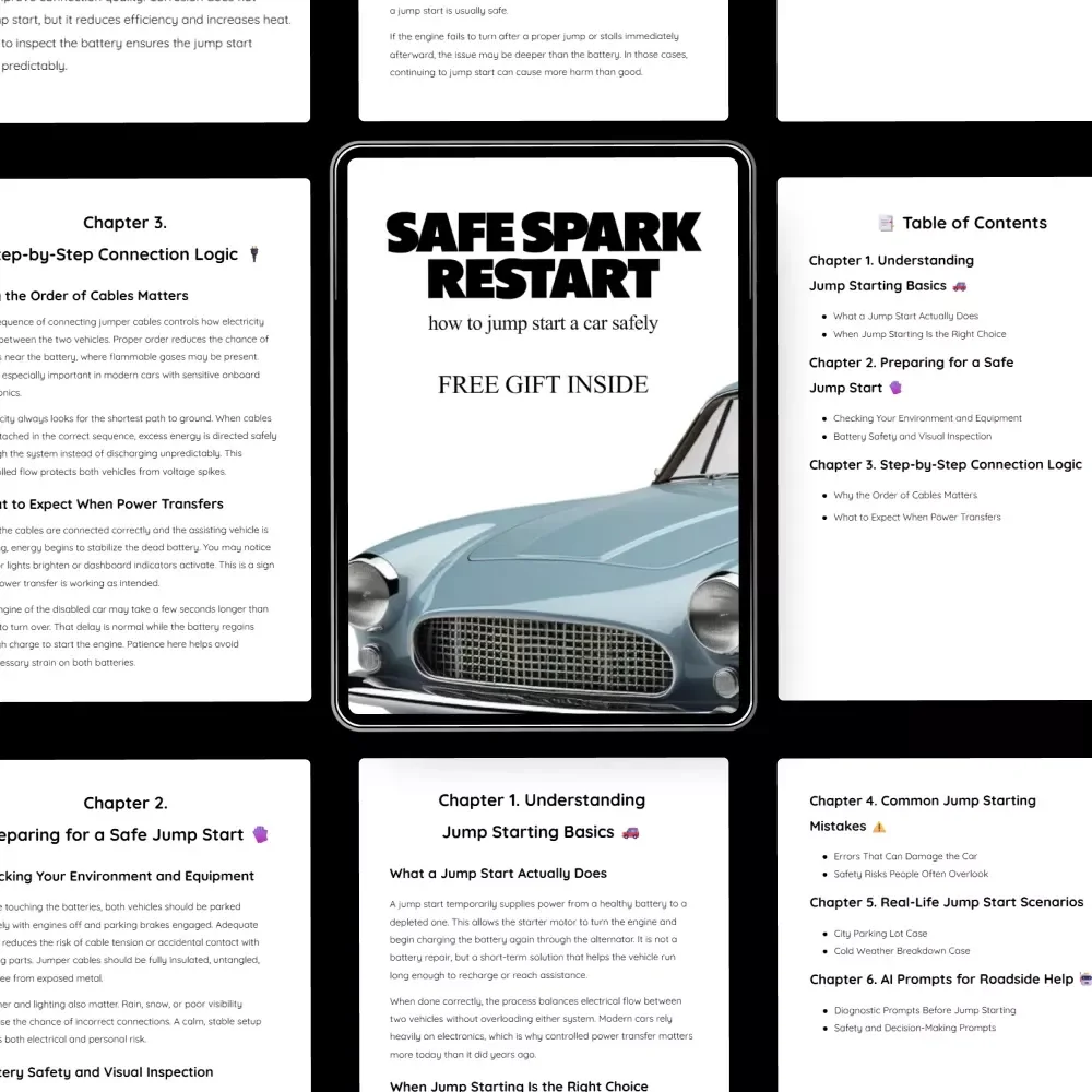 Safe Spark Restart – Jump Starting Basics Guide, Car Battery Safety eBook, Step-by-Step Jump Start Checklist, Roadside Emergency Digital Download
