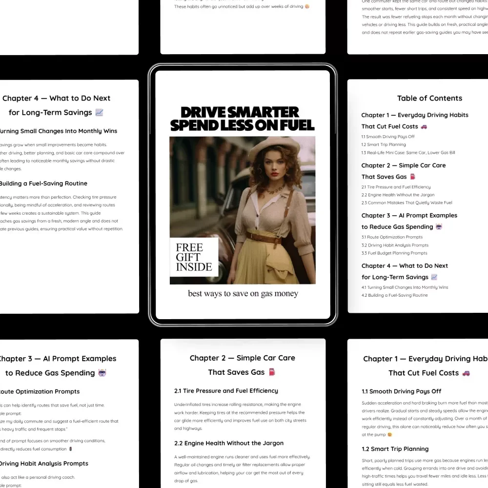 Drive Smarter, Spend Less on Fuel – Digital Guide, eBook & Checklist for Fuel Savings, Car Care Tips, AI Driving Prompts, and Everyday Gas Budget Hacks