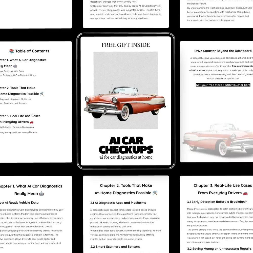 AI Car Checkups | Smart eBook Guide to ai for car diagnostics at home, DIY Vehicle Health Checks, Save on Repairs, Digital Download