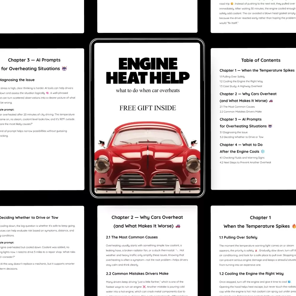 Engine Heat Help | Car Overheating Emergency Guide, AI Prompts, Engine Cooling Checklist, Roadside Safety eBook