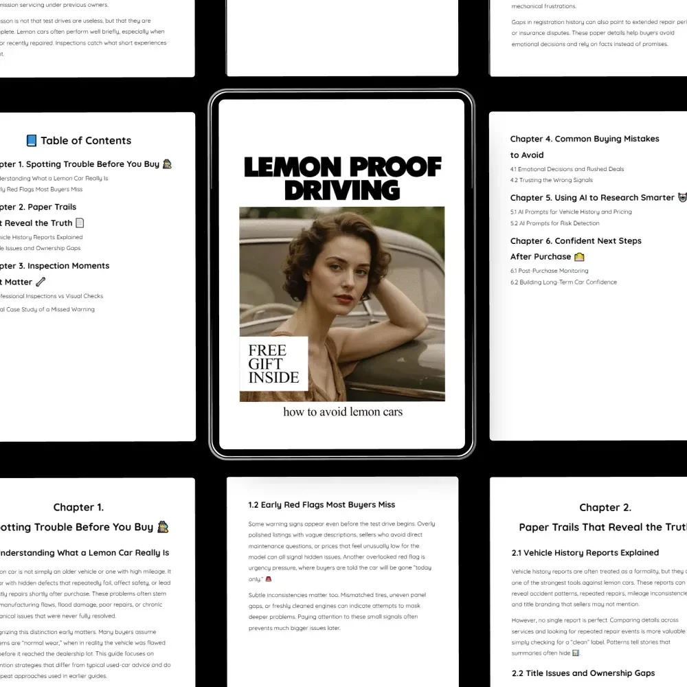 Lemon-Proof Driving – Smart Buyer eBook Guide on How to Avoid Lemon Cars, Spot Red Flags, Use AI Research & Buy with Confidence