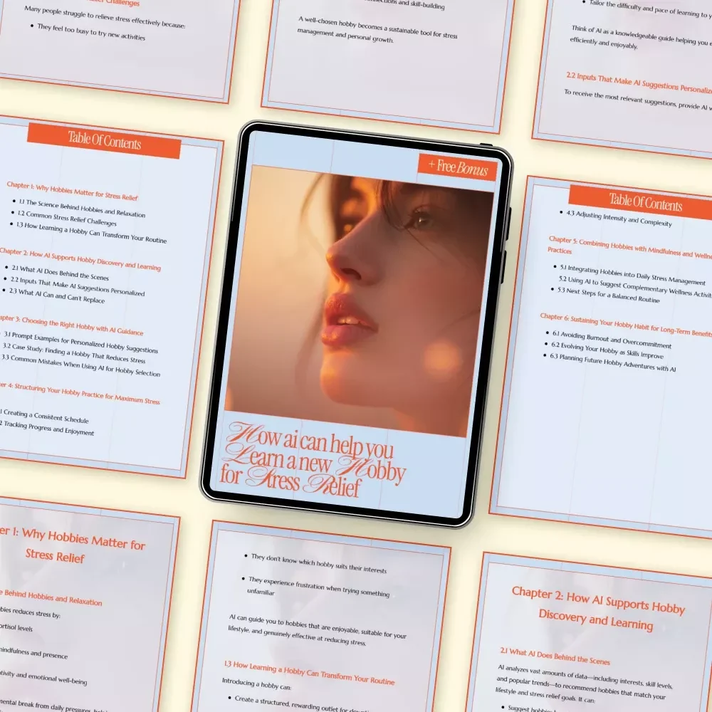 How AI Can Help You Learn a New Hobby for Stress Relief – Digital eBook Guide, AI Wellness Learning, Mindful Hobbies, Stress Relief Routine, Self-Care Download