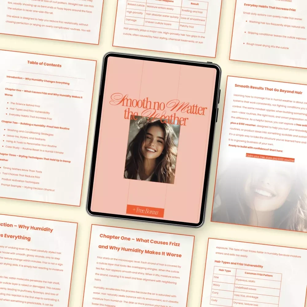 Smooth No Matter the Weather | Ebook Guide on how to reduce frizz in humid weather | Humidity-Proof Hair Routine & Styling