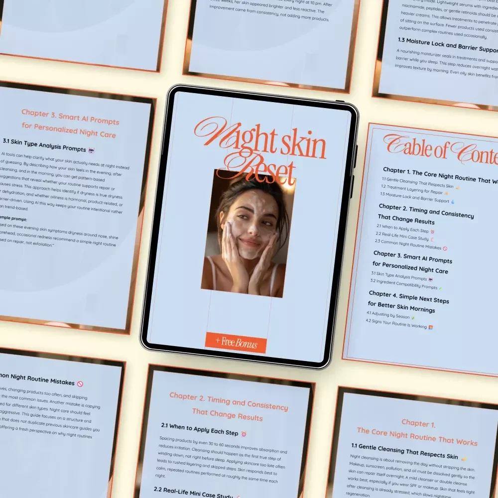 Night Skin Reset – Night Skincare Routine Guide, Digital eBook for Glowing Morning Skin, Evening Routine Checklist & AI Skin Care Prompts