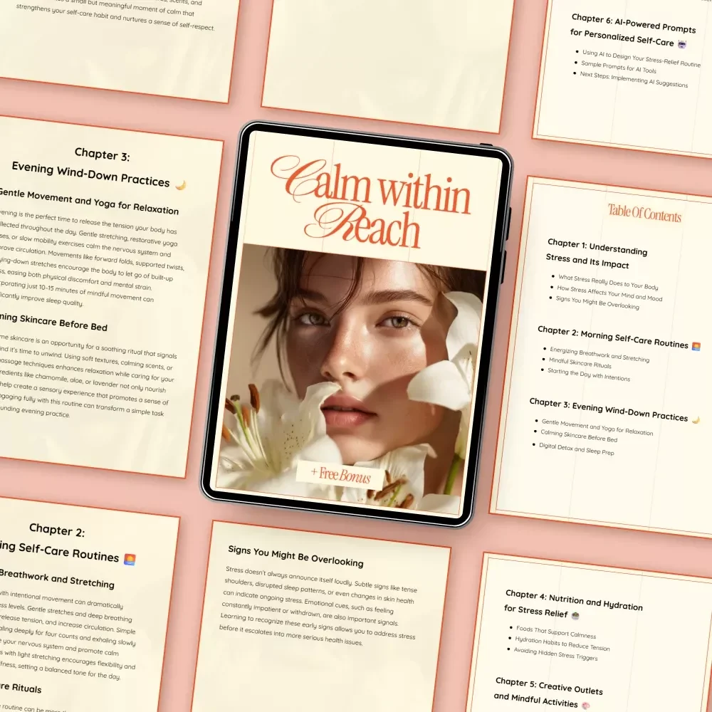 Calm Within Reach – Stress Relief Self-Care Guide, Mindfulness eBook, Daily Routines Checklist, AI-Powered Prompts for Anxiety & Balance