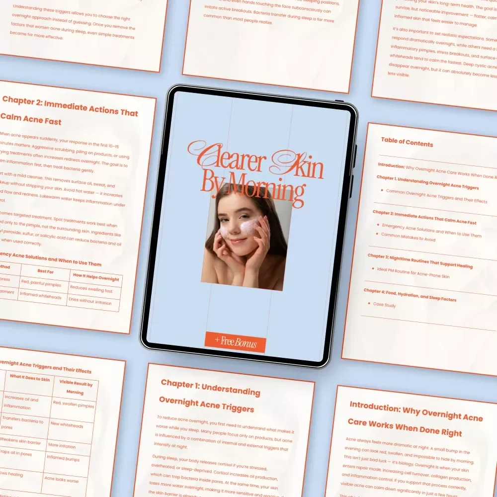 Clearer Skin by Morning – Overnight Acne Care Guide, Nighttime Acne Routine eBook, Fast Acne Relief Checklist, Digital Skincare Download
