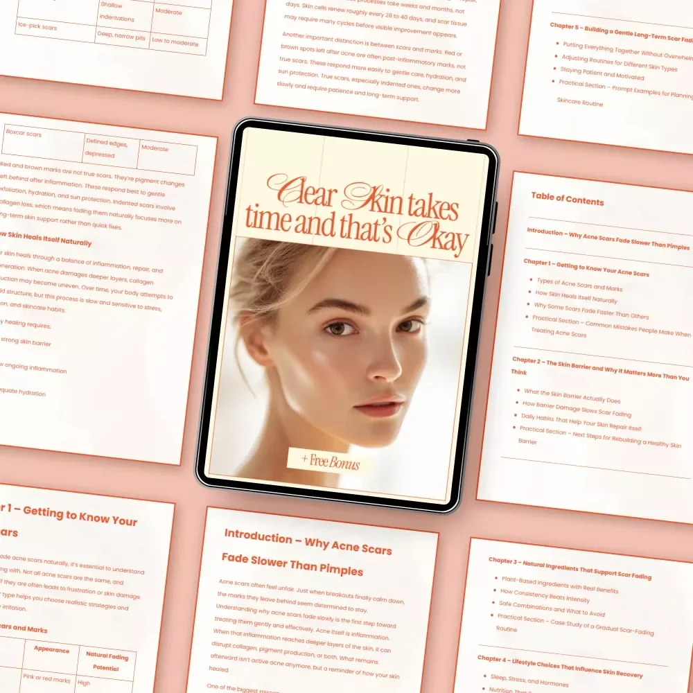 Clear Skin Takes Time and That’s Okay – Acne Scar Fading Guide, Gentle Skincare Routine eBook, Natural Ingredients & Long-Term Skin Healing Checklist