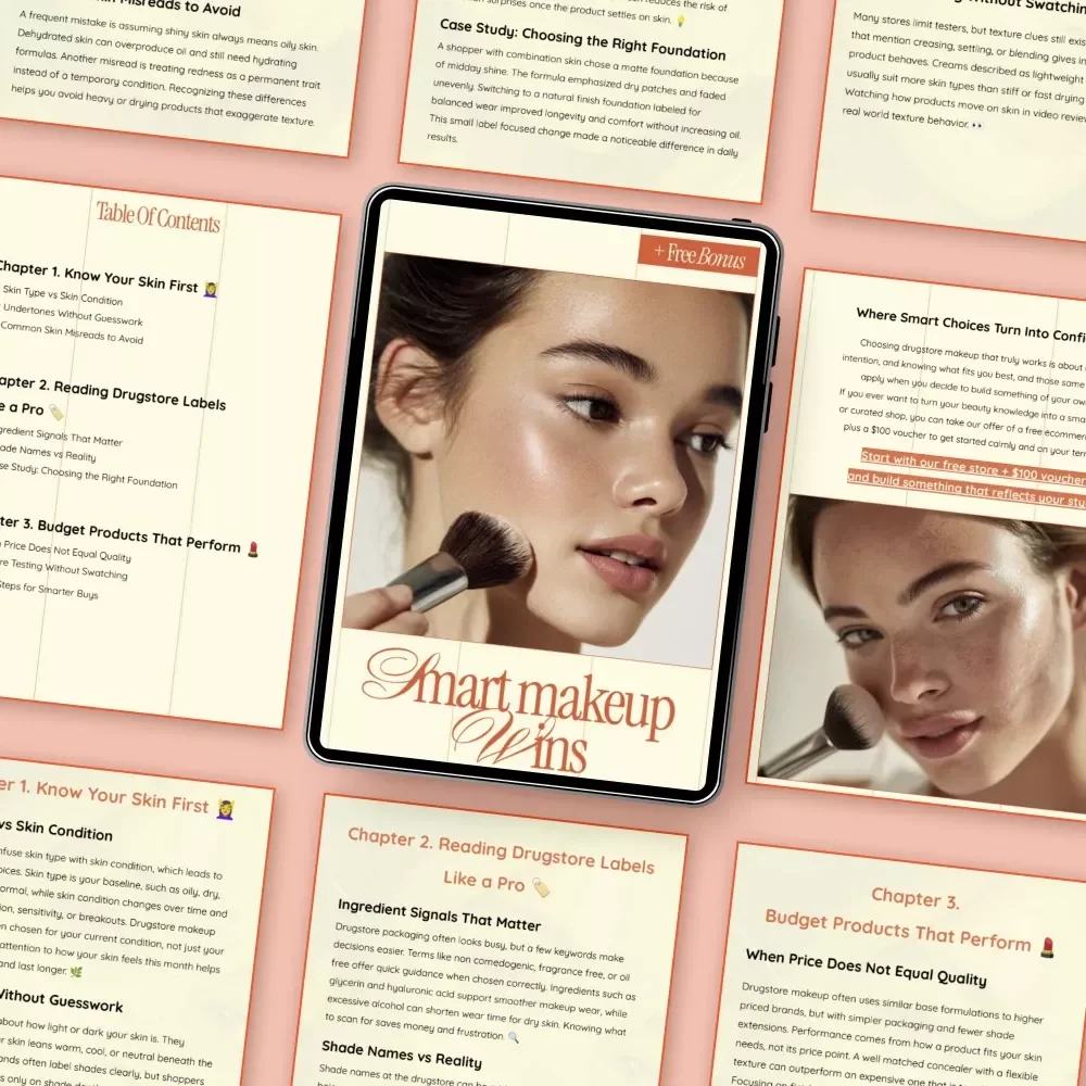 Smart Makeup Wins – Ebook Guide on How to Choose Drugstore Makeup That Works | Budget Beauty, Shade Matching, Skin Type, AI Prompts