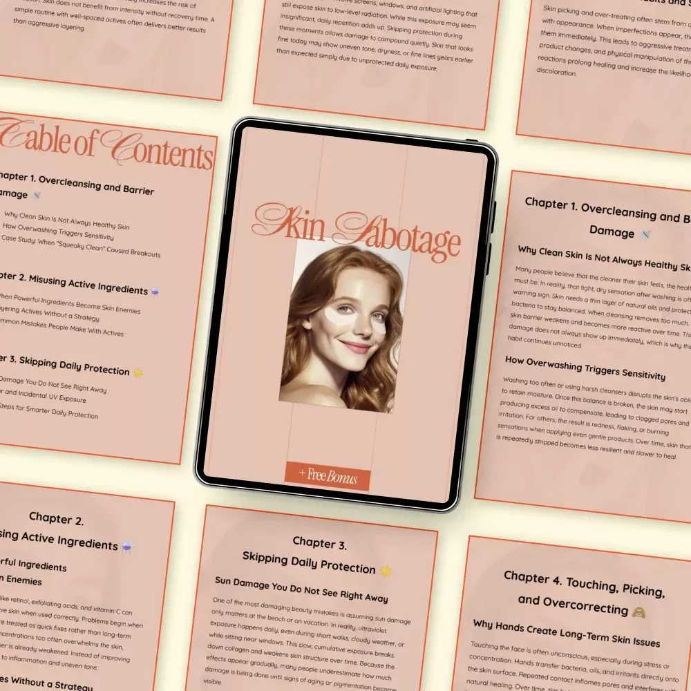 Skin Sabotage – Ebook Guide on What Beauty Mistakes Damage Skin, Skincare Errors, Barrier Damage & Smarter Daily Routines