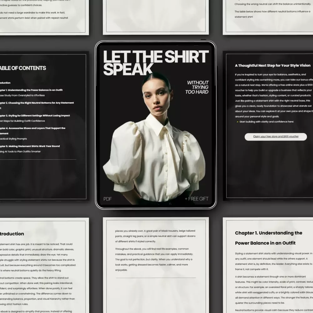 Let the Shirt Speak Without Trying Too Hard – Effortless Outfit Formula Ebook on How to Style a Statement Shirt with Neutral Bottoms