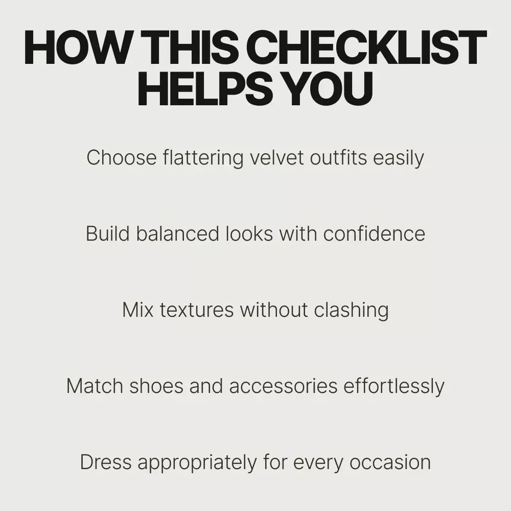 Velvet Pants Style Checklist – What to Wear With Velvet Pants Guide | Instant Digital Download Outfit Styling Checklist