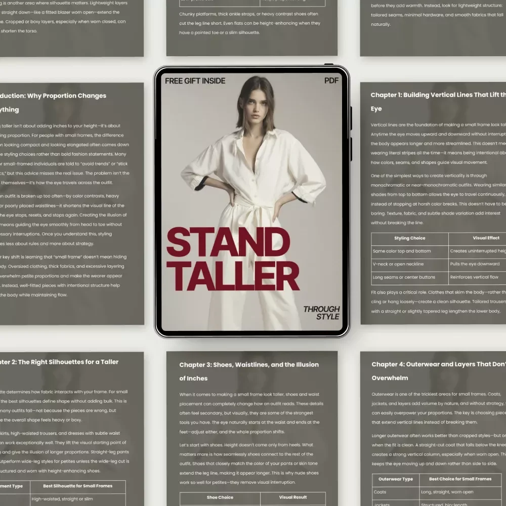 Stand Taller Through Style | Ebook Guide on what outfits make small frames look taller | Proportion, Silhouettes & Confidence Styling