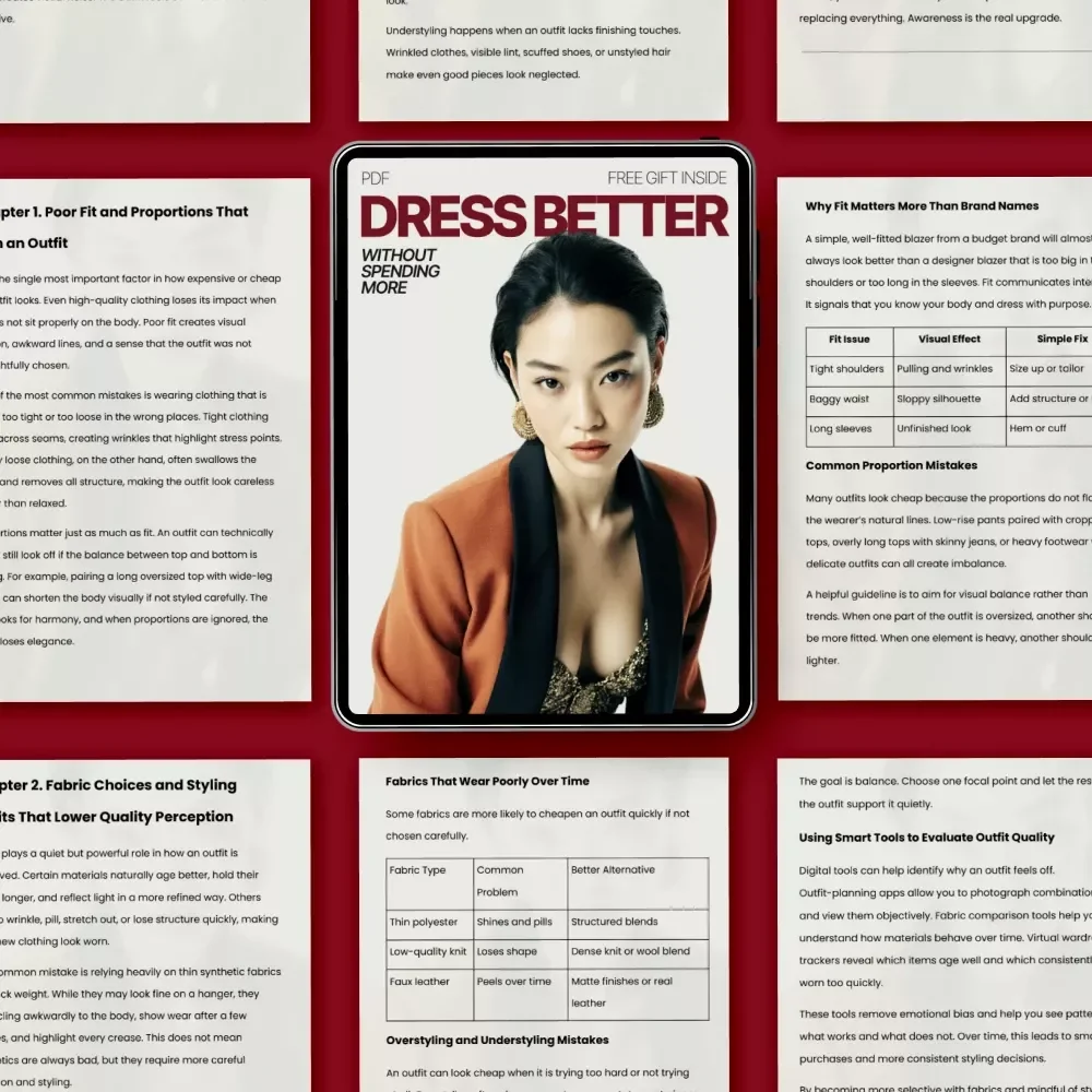 Dress Better Without Spending More – eBook Guide on What Fashion Mistakes Make Outfits Look Cheap | Smart Styling, Fit, Color & Wardrobe Strategy
