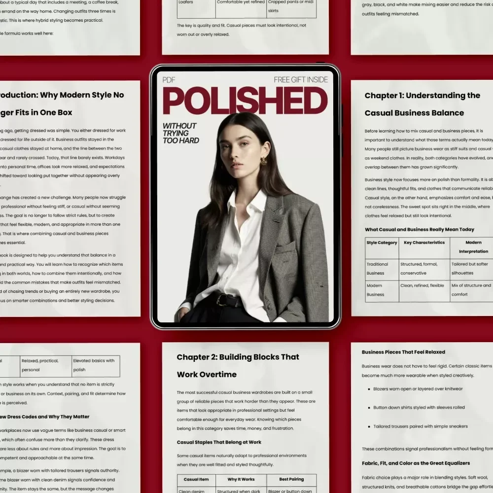 Polished Without Trying Too Hard – eBook Guide on how to combine casual and business pieces for a Modern, Effortless Work Style