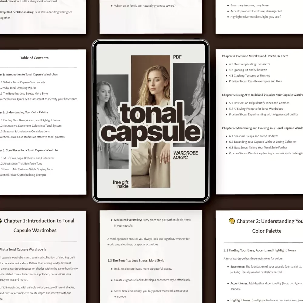 Tonal Capsule Wardrobe Magic – Ebook Guide Explaining What Is a Tonal Capsule Wardrobe Formula, Minimalist Style System, AI Styling, Effortless Outfit Planning