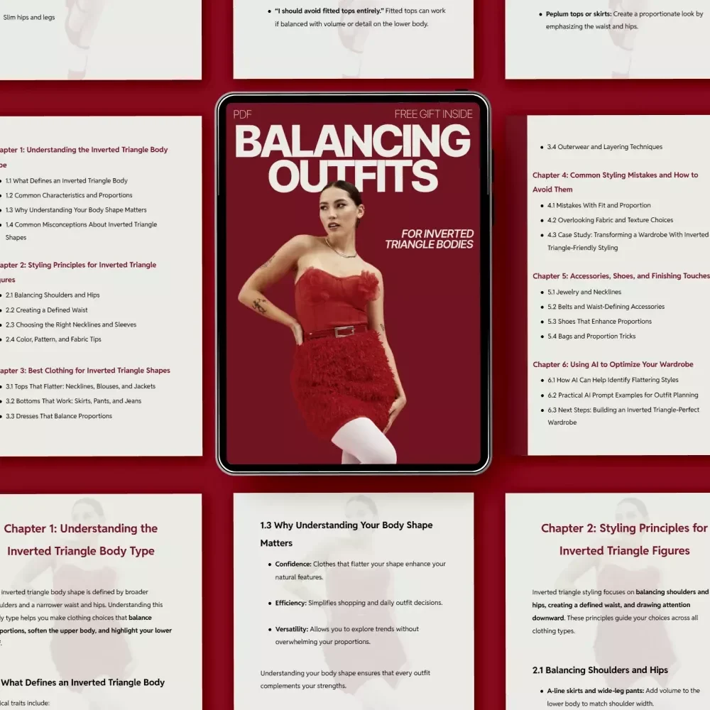 Balancing Outfits for Inverted Triangle Bodies – Ebook Guide on What Outfits Work for Inverted Triangle Body Type, Style Principles, Wardrobe Building & AI Outfit Planning