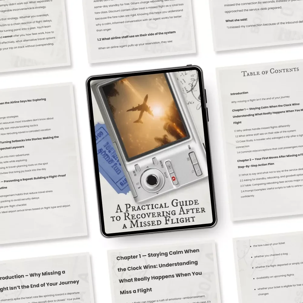 A Practical Guide to Recovering After a Missed Flight – Digital Travel Guide, Missed Flight Recovery eBook, Airline Rebooking Help, Travel Checklist Download