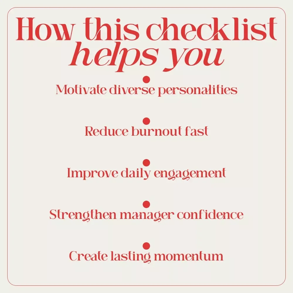 The Motivator Manager Checklist: 12 Power Moves to Fire Up Your Team | How to Motivate Staff as a Manager | Leadership Checklist Download