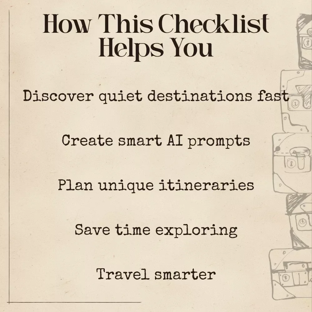 AI-Powered Discovering Less-Crowded Destinations | Printable Travel Checklist | How to Use AI for Finding Less Crowded Destinations | Hidden Gem Travel Planning Tool