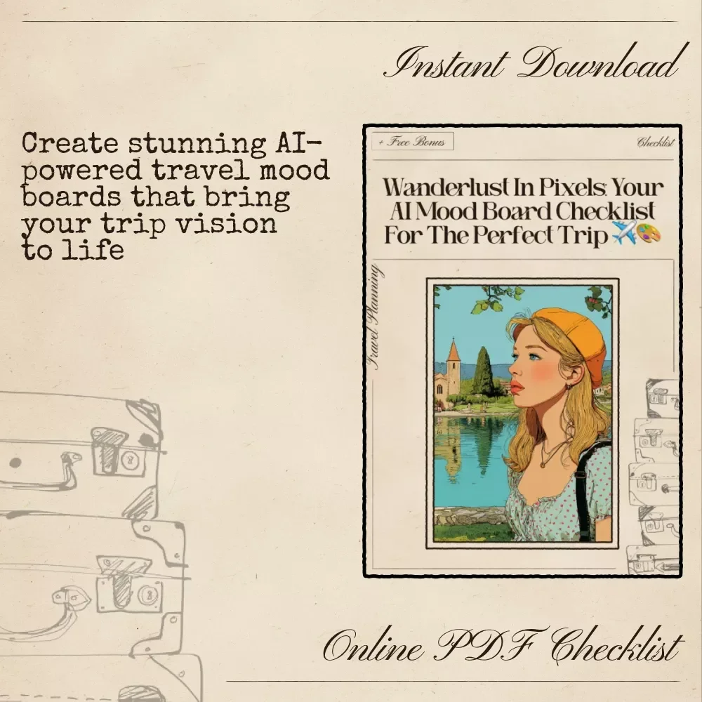 Wanderlust in Pixels: Your AI Mood Board Checklist for the Perfect Trip | Travel Mood Board Guide | Digital Download for ai for creating a mood board for your trip | Aesthetic Trip Planner Checklist