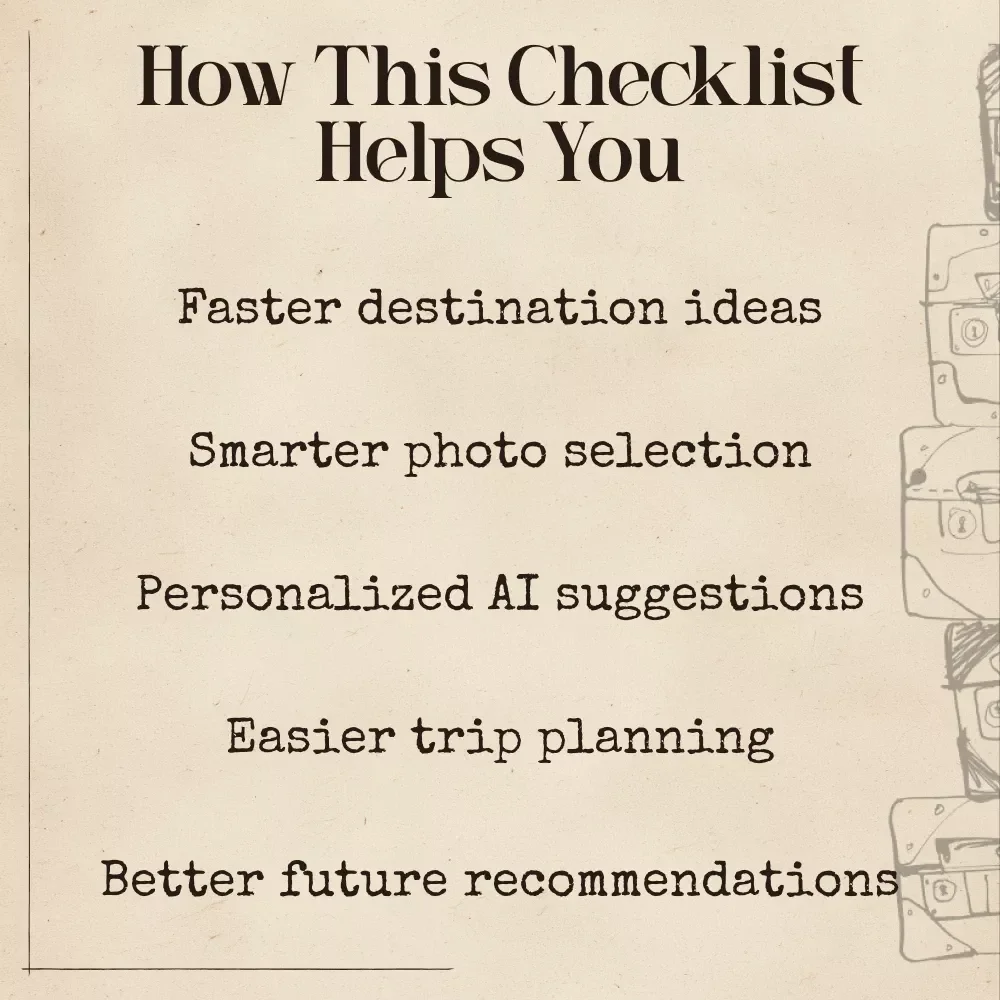 AI Photo-to-Place Checklist | SEO-Friendly Travel Inspo Guide | Digital Download for ai that suggests places based on your photos | Wanderlust Prompt Tool