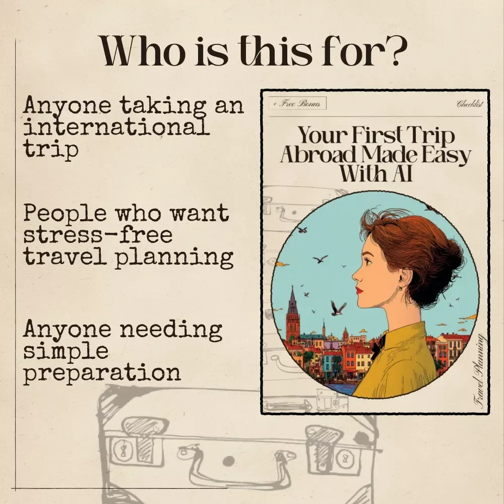 Your First Trip Abroad Made Easy with AI – Printable Travel Checklist, First-Time Traveler Guide, Digital Packing Planner, Visa & Safety Prep, Cultural Tips, Airport & Logistics Organizer