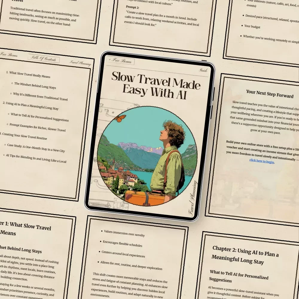 Slow Travel Made Easy with AI | Long-Stay Travel Guide | AI Slow Travel Suggestions for Long Stays | Digital Download for Intentional, Meaningful Trips