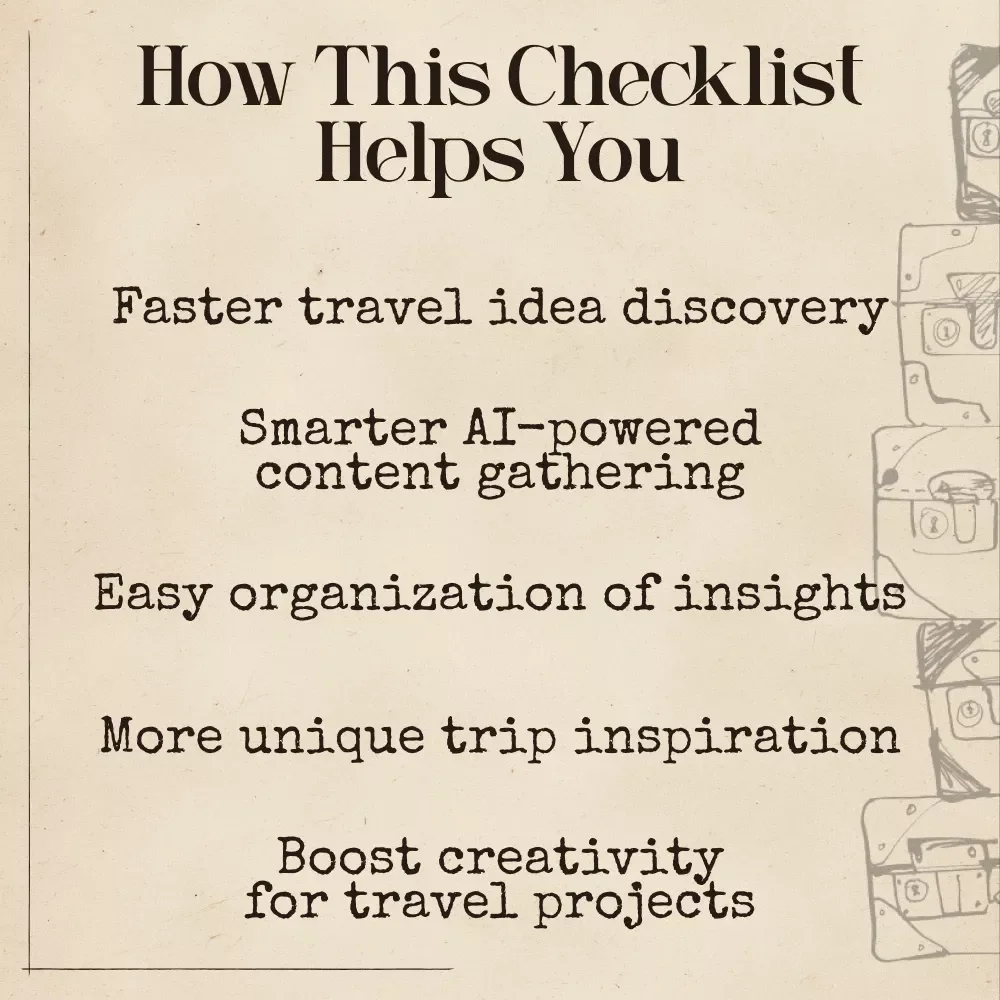 The Ultimate AI Travel Blog Scraper Checklist | Digital Download for Content Creators, Bloggers & Travelers | ai that scrapes travel blogs for best ideas | Travel Idea Mining Guide
