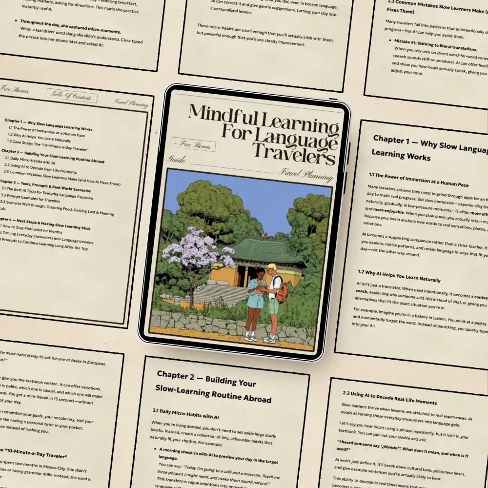 Mindful Learning for Language Travelers – Slow Immersion Guide with AI | Learn Naturally While Abroad | Digital Download for ai for learning a language slowly while abroad