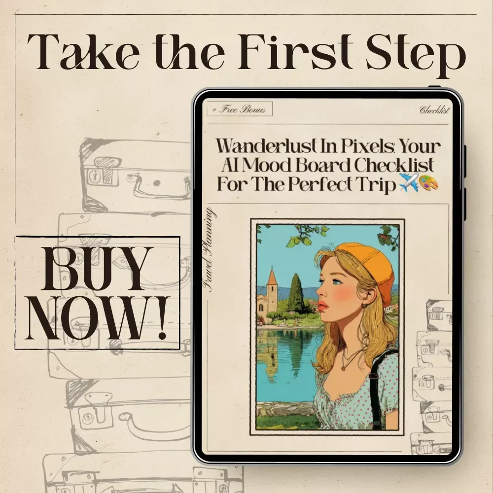 Wanderlust in Pixels: Your AI Mood Board Checklist for the Perfect Trip | Travel Mood Board Guide | Digital Download for ai for creating a mood board for your trip | Aesthetic Trip Planner Checklist