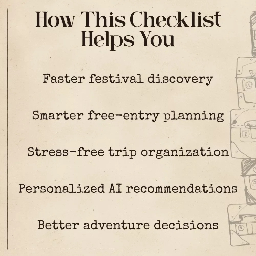 Festival Finder Fun: Your AI-Powered Free Entry Checklist | Ultimate Digital Guide for AI Festival Discovery | Printable & Instant Download | Perfect for Travelers Using ai that finds festivals with free entry