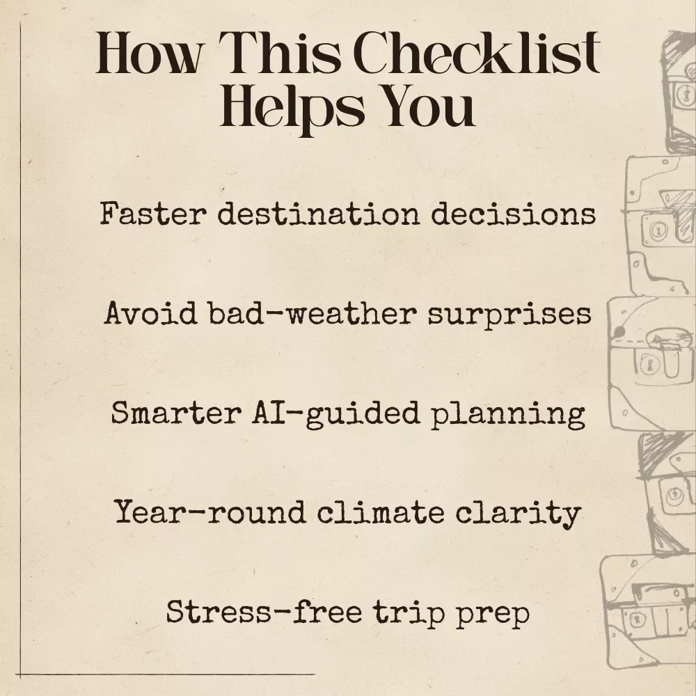 AI’s Ultimate Checklist for Year-Round Perfect Weather Destinations – Editable Travel Planning Checklist for Sunny Getaways, AI Travel Tools Guide, Digital Download for Travelers | ai to find destinations with good weather year round