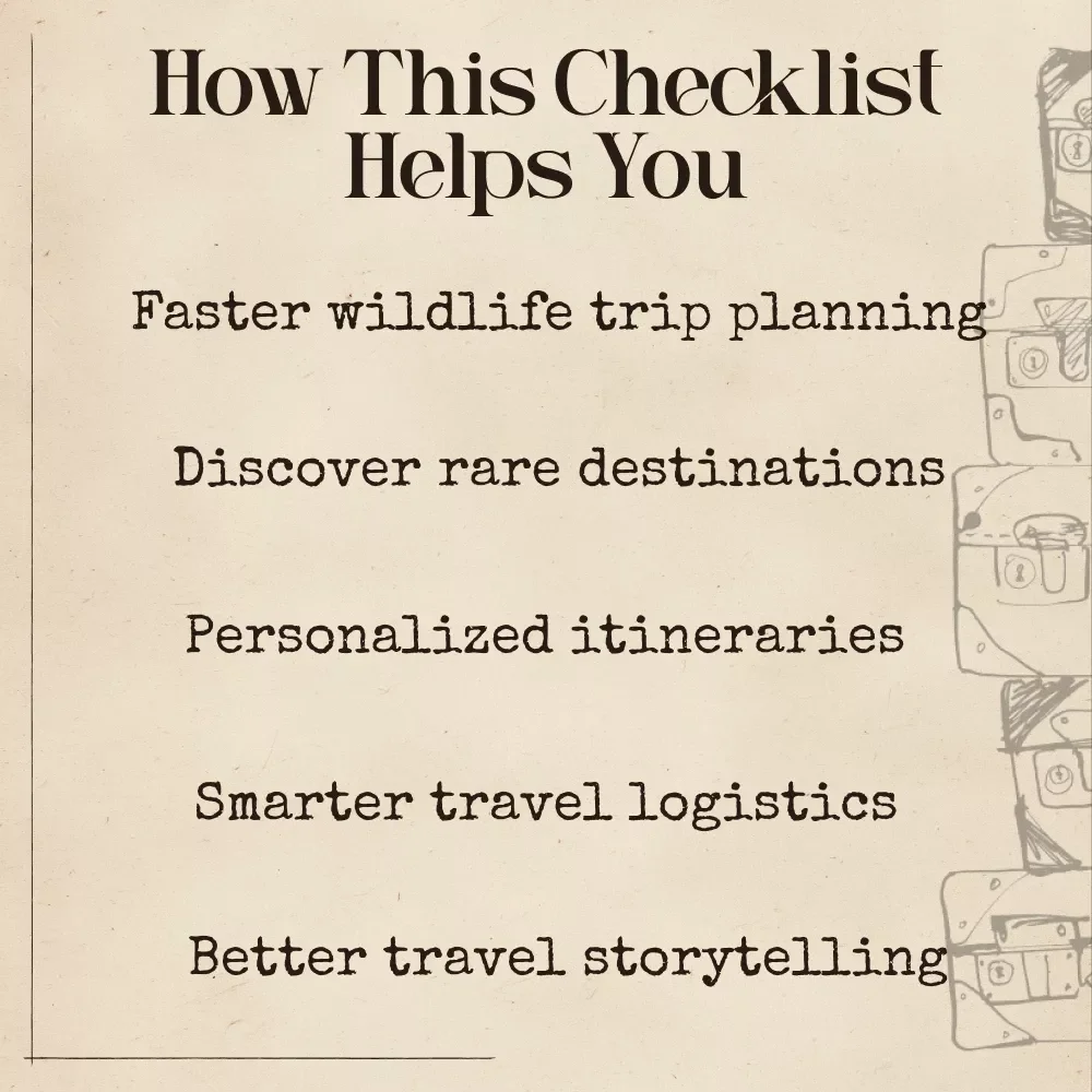AI-Powered Wildlife Destination Idea Checklist | Digital Travel Planning Guide for Wildlife Lovers | Adventure Inspiration, Safari Planning, Eco Travel | Printable eBook & Checklist