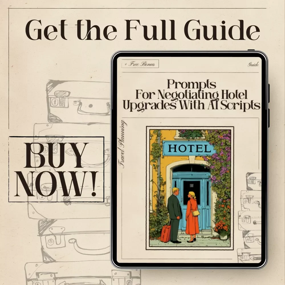 Prompts for Negotiating Hotel Upgrades With AI Scripts | Travel Negotiation Guide for Easy Room Upgrades | prompts for negotiating hotel upgrades with ai scripts | Digital Download for Travelers, Influencers & Frequent Flyers