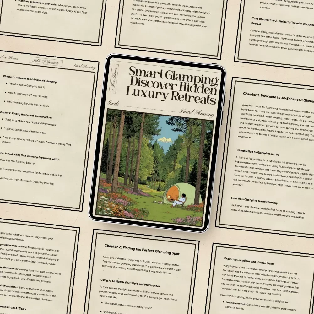 Smart Glamping: Discover Hidden Luxury Retreats – Digital Travel Guide | AI Travel Companion for Effortless Outdoor Luxury | Instant Download for Modern Explorers | ai to find glamorous camping glamping sites