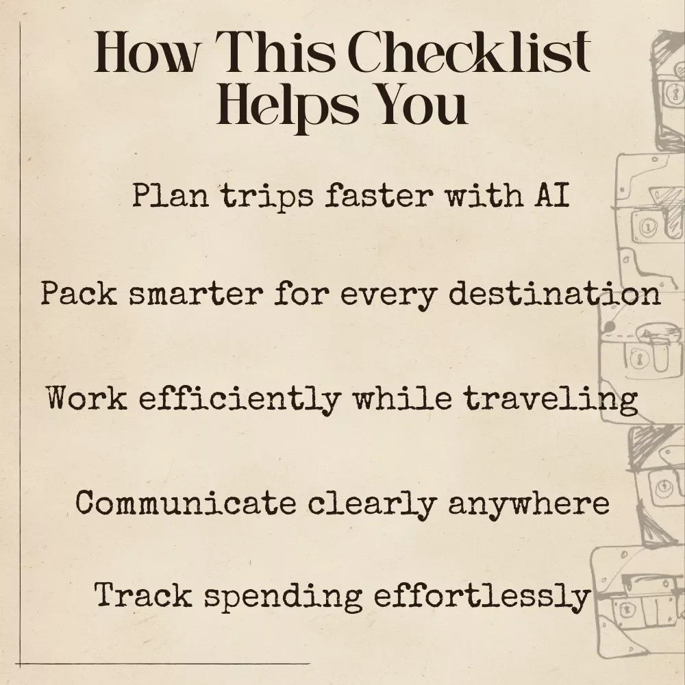 Your Travel Productivity AI Toolkit – Digital Download | AI Travel Planner Checklist, Smart Packing Guide, Productivity Tips for Stress-Free Trips