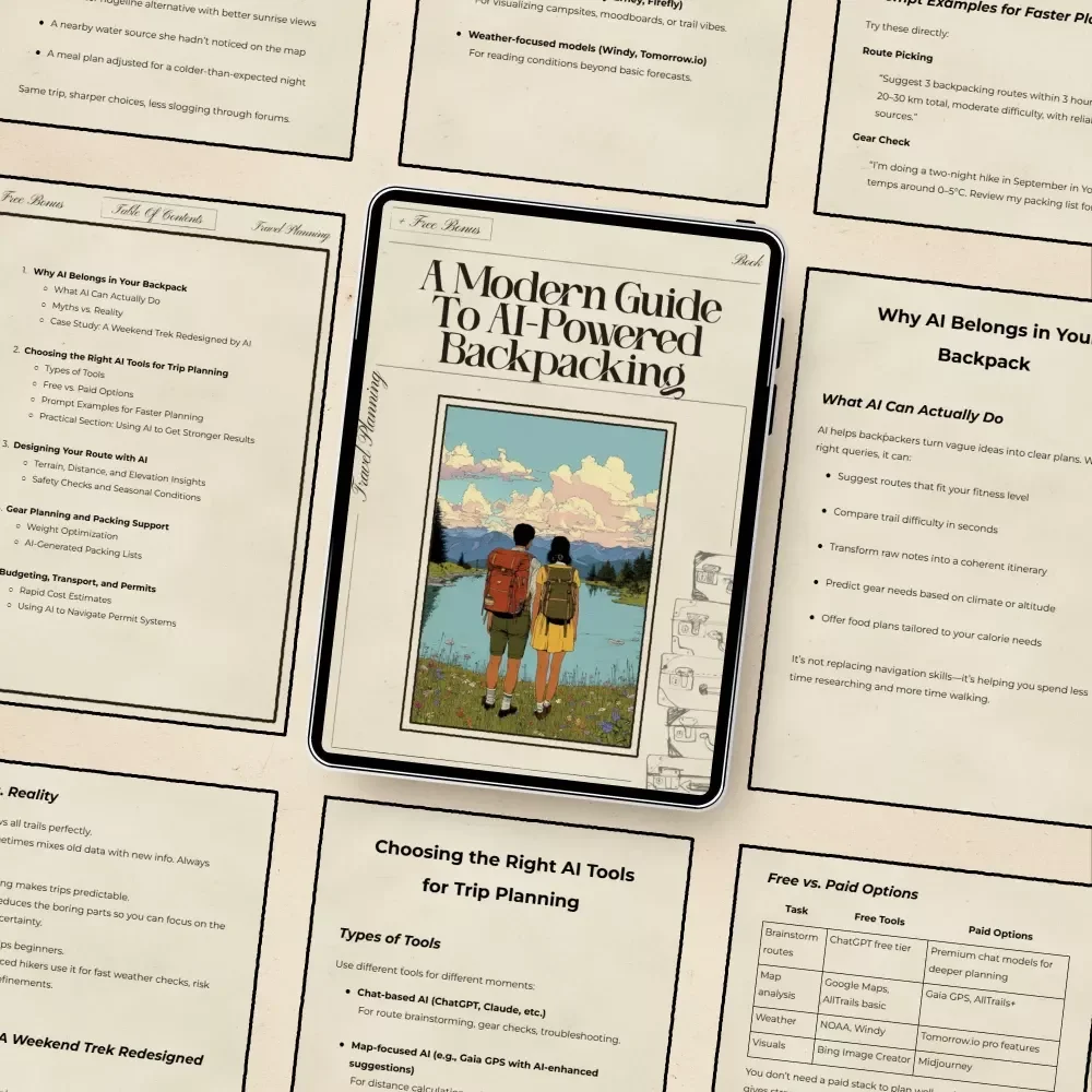 A Modern Guide to AI-Powered Backpacking | Digital eBook for Smarter Trip Planning | Learn using ai to plan a backpacking trip with Free Tools, Prompts, and Real-World Examples