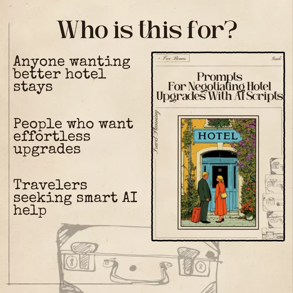 Prompts for Negotiating Hotel Upgrades With AI Scripts | Travel Negotiation Guide for Easy Room Upgrades | prompts for negotiating hotel upgrades with ai scripts | Digital Download for Travelers, Influencers & Frequent Flyers