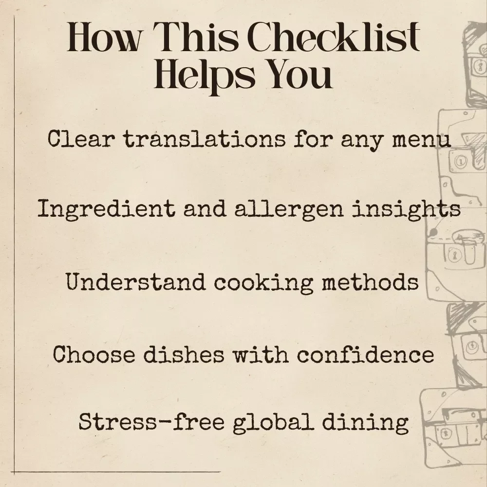 Eat Confidently Abroad with AI | Digital Travel Menu Guide, Translation Checklist, Foreign Menu Decoder for Travelers
