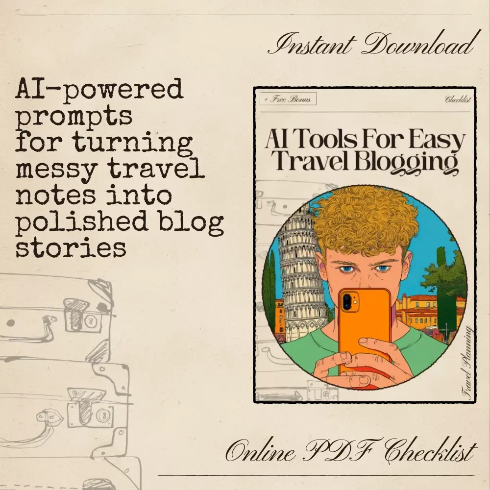 AI Tools for Easy Travel Blogging Checklist | Digital Download for Bloggers | Guide to Using ai prompts for turning travel notes into blog posts