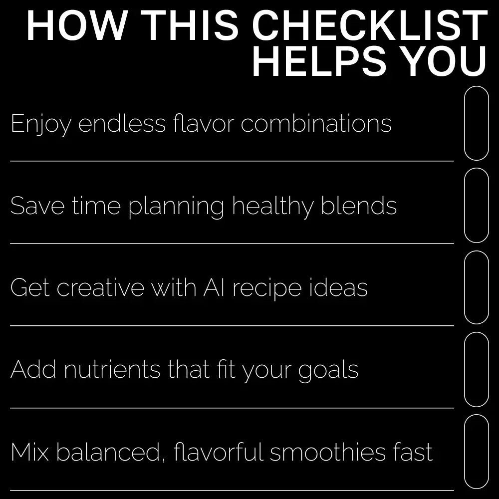 Custom Smoothie AI Recipe Checklist | AI Custom Smoothie Recipes Ideas | Digital PDF for Creating Perfect Personalized Smoothies